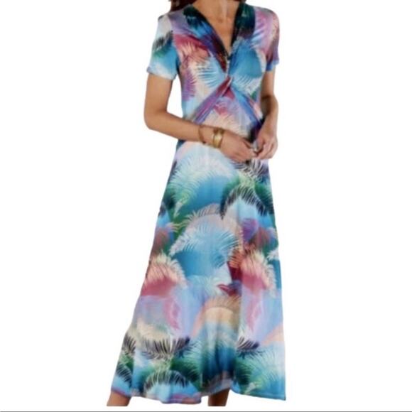 Soft Surroundings Anya Ombre Palms Maxi Dress Jersey Knit Size M Tropical Palms - Picture 1 of 12